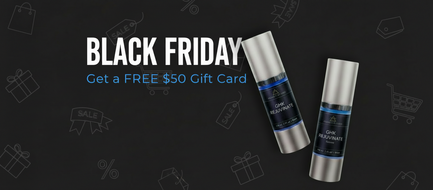 Two skincare bottles with a Black Friday promotion for a free $50 gift card on a black background.