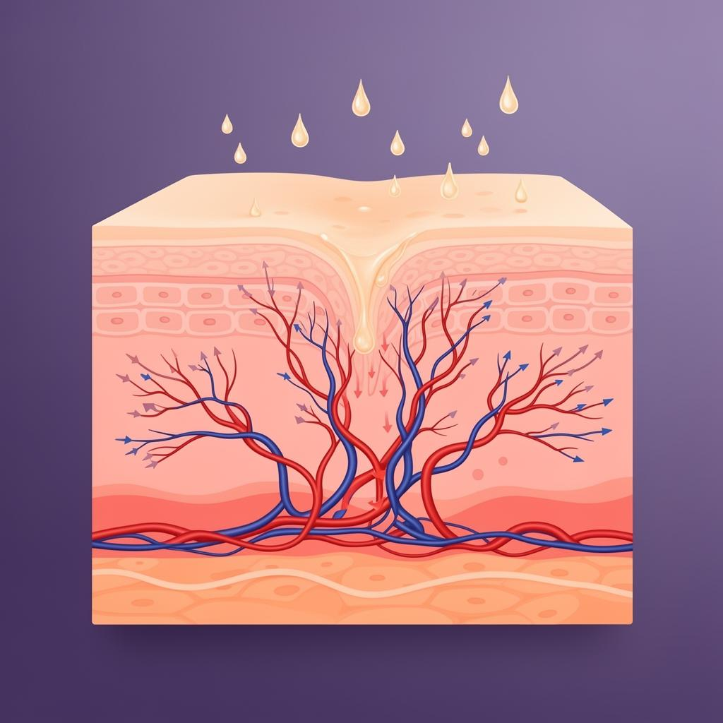 Skin cross-section showing blood flow and peptide absorption through skin layers